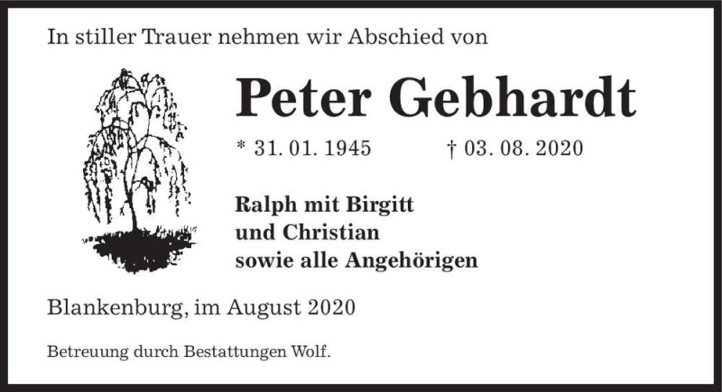  Traueranzeige für Peter Gebhardt  vom 08.08.2020 aus Magdeburger Volksstimme