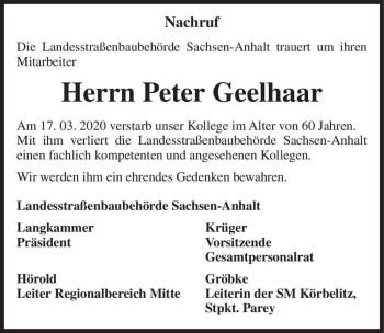 Traueranzeige von Peter Geelhaar  von Magdeburger Volksstimme