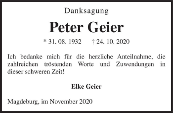 Traueranzeige von Peter Geier  von Magdeburger Volksstimme