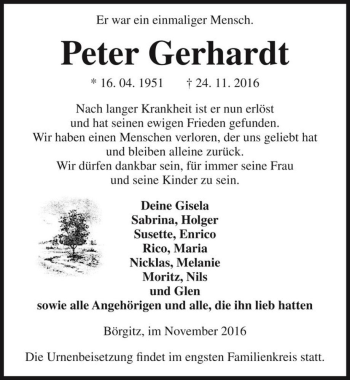 Traueranzeige von Peter Gerhardt  von Magdeburger Volksstimme