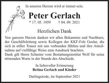 Traueranzeige von Peter Gerlach  von Magdeburger Volksstimme