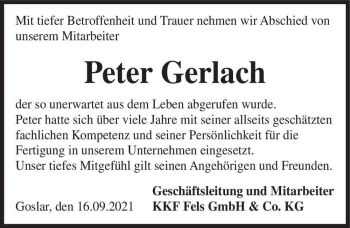 Traueranzeige von Peter Gerlach  von Magdeburger Volksstimme