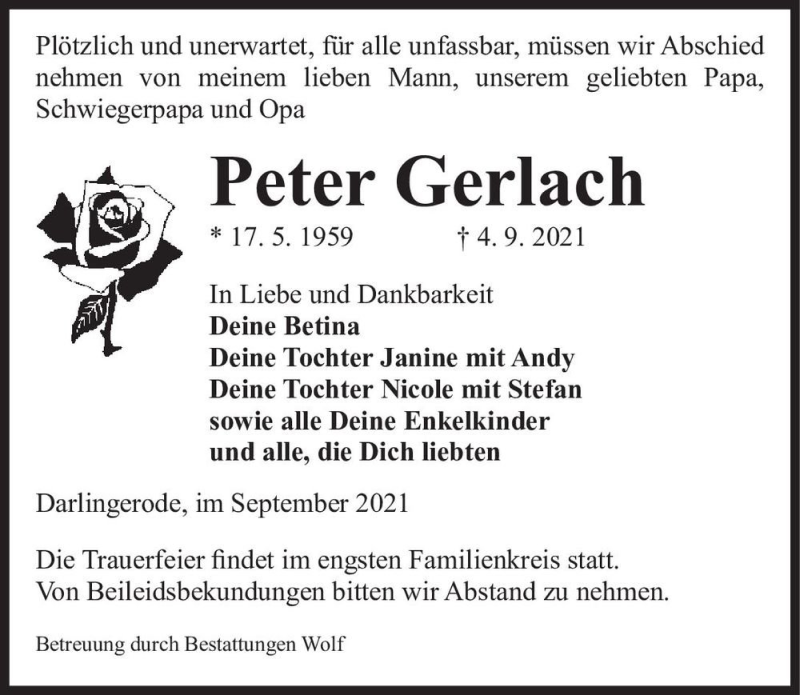  Traueranzeige für Peter Gerlach  vom 11.09.2021 aus Magdeburger Volksstimme