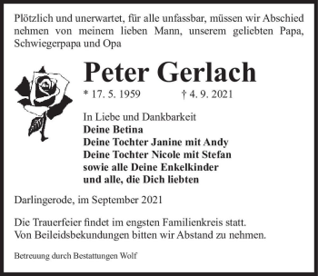 Traueranzeige von Peter Gerlach  von Magdeburger Volksstimme
