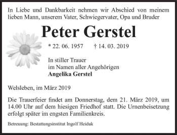 Traueranzeige von Peter Gerstel  von Magdeburger Volksstimme