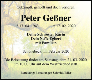 Traueranzeige von Peter Geßner  von Magdeburger Volksstimme