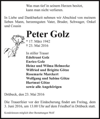 Traueranzeige von Peter Golz  von Magdeburger Volksstimme