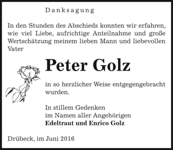 Traueranzeige von Peter Golz  von Magdeburger Volksstimme