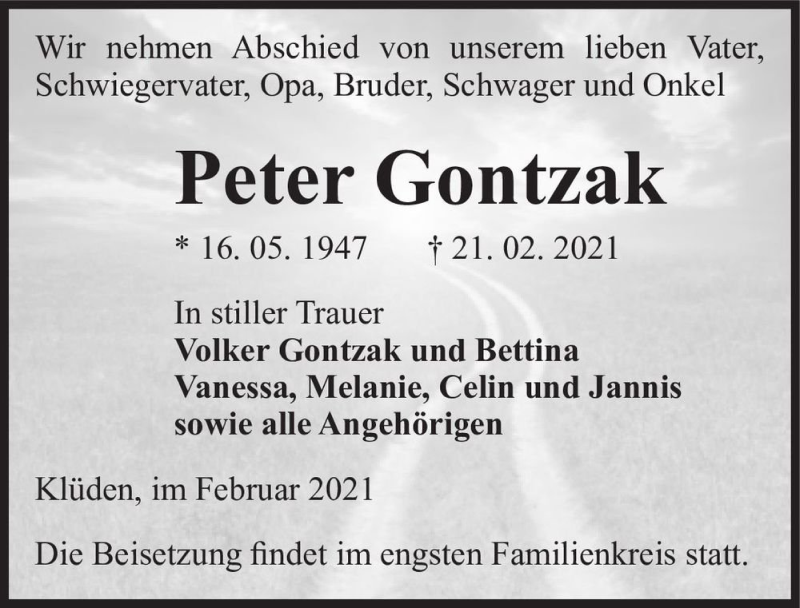  Traueranzeige für Peter Gontzak  vom 06.03.2021 aus Magdeburger Volksstimme