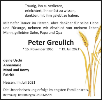 Traueranzeige von Peter Greulich  von Magdeburger Volksstimme