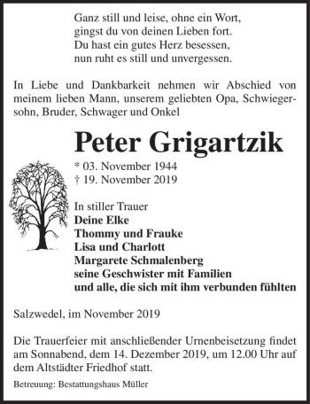 Traueranzeige von Peter Grigartzik  von Magdeburger Volksstimme