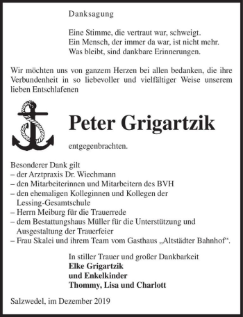 Traueranzeige von Peter Grigartzik  von Magdeburger Volksstimme