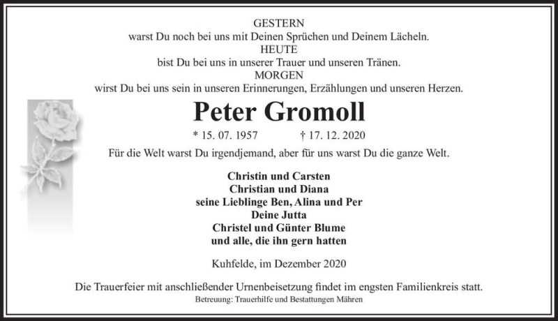  Traueranzeige für Peter Gromoll  vom 19.12.2020 aus Magdeburger Volksstimme