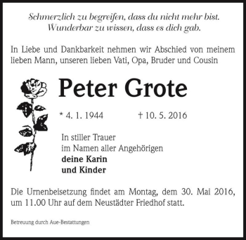 Traueranzeige von Peter Grote  von Magdeburger Volksstimme