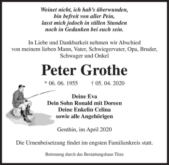Traueranzeige von Peter Grothe  von Magdeburger Volksstimme