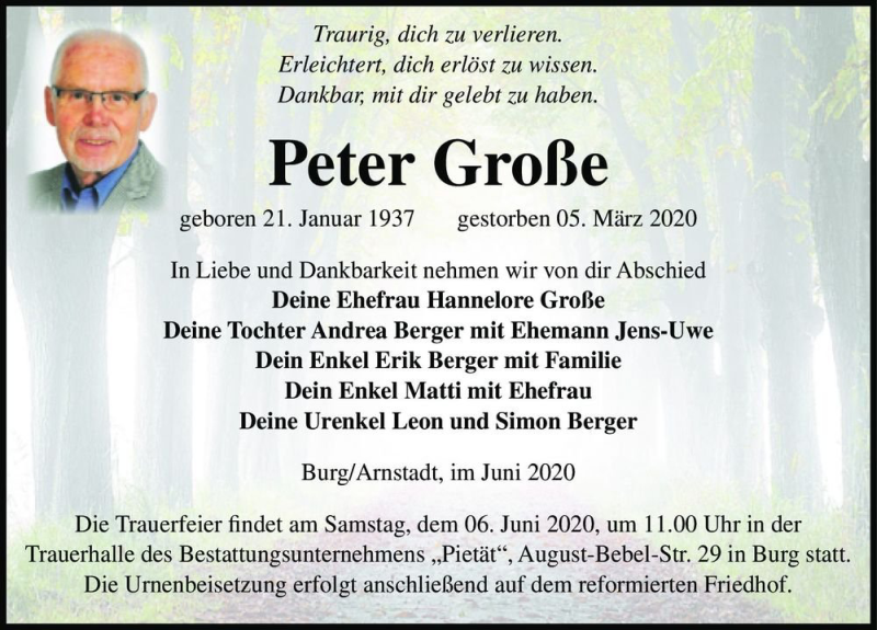  Traueranzeige für Peter Große  vom 30.05.2020 aus Magdeburger Volksstimme