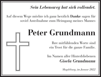 Traueranzeige von Peter Grundmann  von Magdeburger Volksstimme