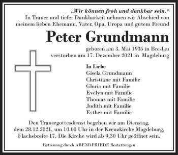 Traueranzeige von Peter Grundmann  von Magdeburger Volksstimme