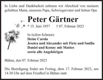 Traueranzeige von Peter Gärtner  von Magdeburger Volksstimme