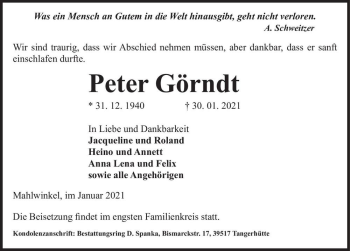 Traueranzeige von Peter Görndt  von Magdeburger Volksstimme