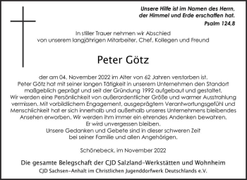 Traueranzeige von Peter Götz  von Magdeburger Volksstimme