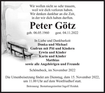 Traueranzeige von Peter Götz  von Magdeburger Volksstimme