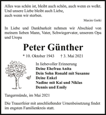 Traueranzeige von Peter Günther  von Magdeburger Volksstimme