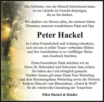 Traueranzeige von Peter Hackel  von Magdeburger Volksstimme