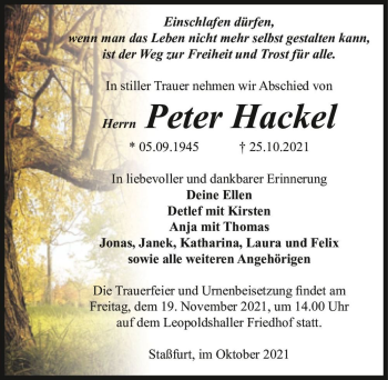 Traueranzeige von Peter Hackel  von Magdeburger Volksstimme