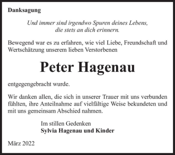 Traueranzeige von Peter Hagenau  von Magdeburger Volksstimme