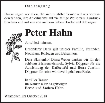 Traueranzeige von Peter Hahn  von Magdeburger Volksstimme
