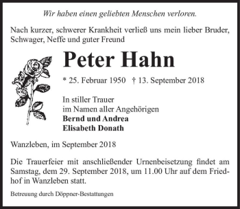 Traueranzeige von Peter Hahn  von Magdeburger Volksstimme
