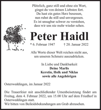 Traueranzeige von Peter Haidl  von Magdeburger Volksstimme