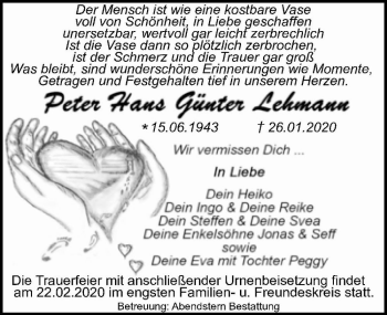 Traueranzeige von Peter Hans Günter Lehmann  von Magdeburger Volksstimme