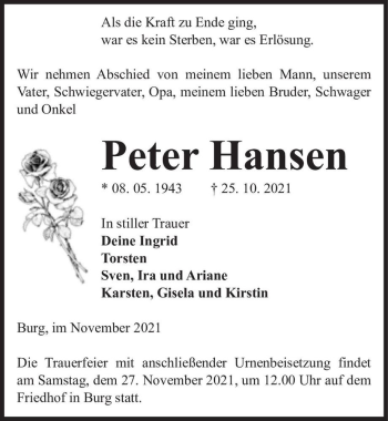 Traueranzeige von Peter Hansen  von Magdeburger Volksstimme