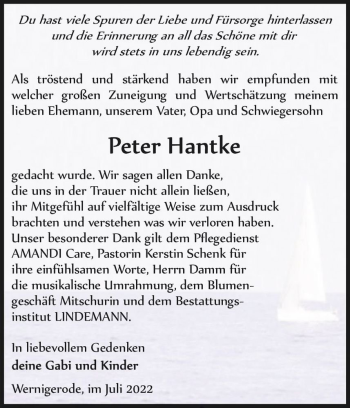 Traueranzeige von Peter Hantke  von Magdeburger Volksstimme