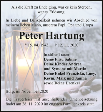 Traueranzeige von Peter Hartung  von Magdeburger Volksstimme