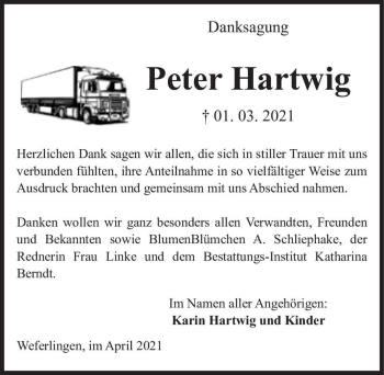 Traueranzeige von Peter Hartwig  von Magdeburger Volksstimme
