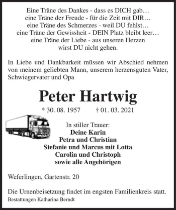 Traueranzeige von Peter Hartwig  von Magdeburger Volksstimme
