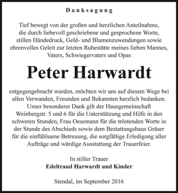 Traueranzeige von Peter Harwardt  von Magdeburger Volksstimme