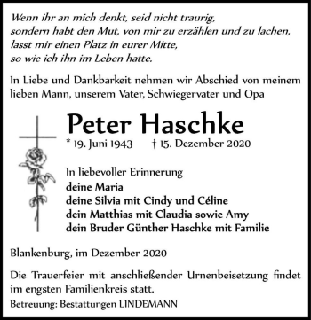 Traueranzeige von Peter Haschke  von Magdeburger Volksstimme