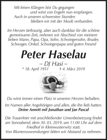 Traueranzeige von Peter Haselau - DJ Hasi -  von Magdeburger Volksstimme