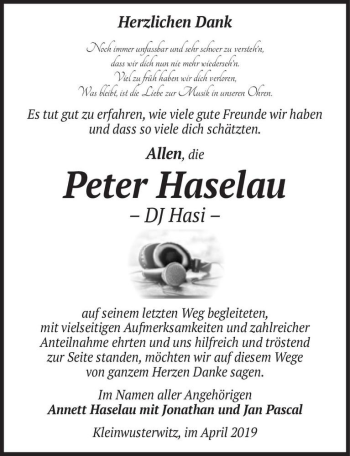 Traueranzeige von Peter Haselau - DJ Hasi  von Magdeburger Volksstimme