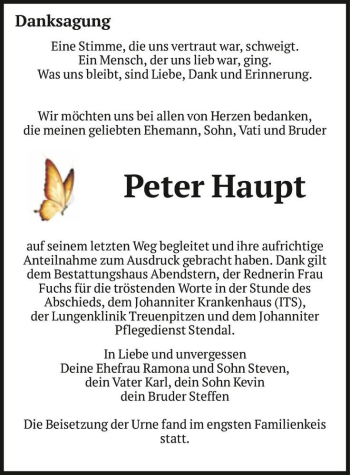 Traueranzeige von Peter Haupt  von Magdeburger Volksstimme