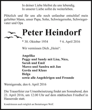 Traueranzeige von Peter Heindorf  von Magdeburger Volksstimme