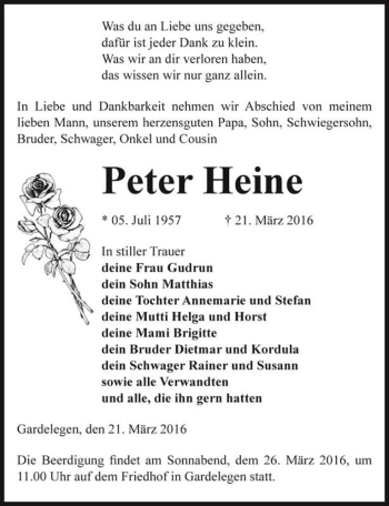Traueranzeige von Peter Heine  von Magdeburger Volksstimme