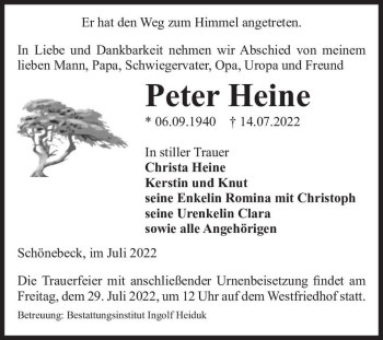 Traueranzeige von Peter Heine  von Magdeburger Volksstimme