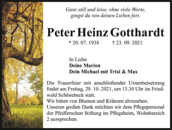 Traueranzeige von Peter Heinz Gotthardt  von Magdeburger Volksstimme