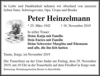 Traueranzeige von Peter Heinzelmann  von Magdeburger Volksstimme