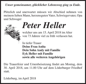 Traueranzeige von Peter Heller  von Magdeburger Volksstimme